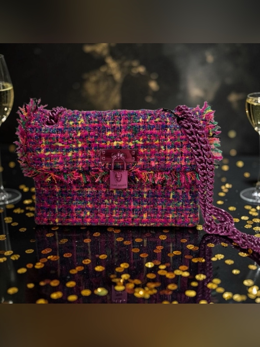 Kurt Geiger NWT Brixton Pink Women’s Multicolor Tweed Crossbody- Pink Chain